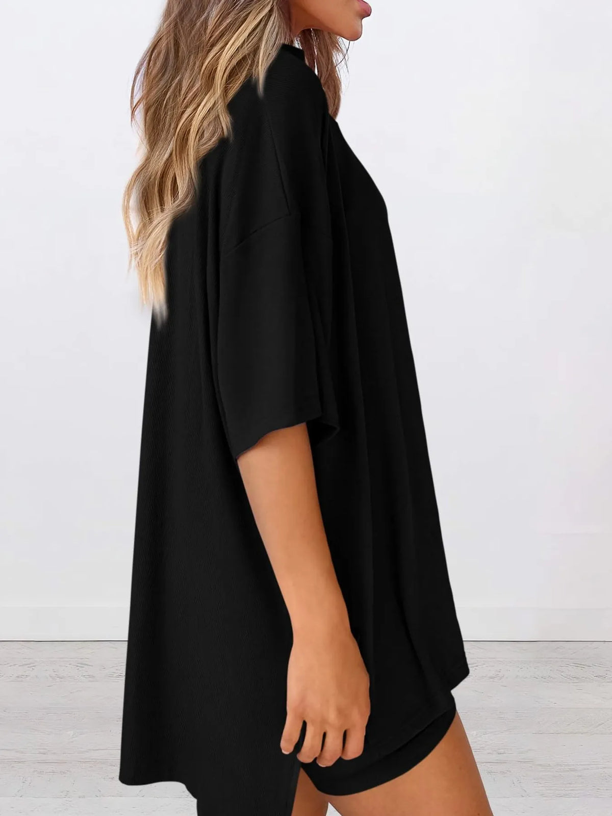 Full Size Oversized Slit Round Neck Top and Shorts Lounge Set Plus Size - Ladyez