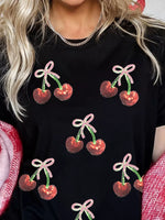 Full Size Sequin Bow Cheery Patched Valentines Tee Plus Size