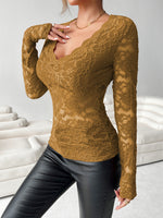 V-Neck Long Sleeve Lace Top - Ladyez