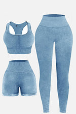 3 Piece Washed Square Neck Wide Strap Active Set - Ladyez