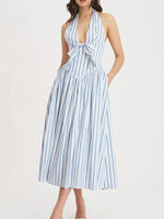 Striped Halter Neck Midi Dress with Tie Front Detail - Ladyez