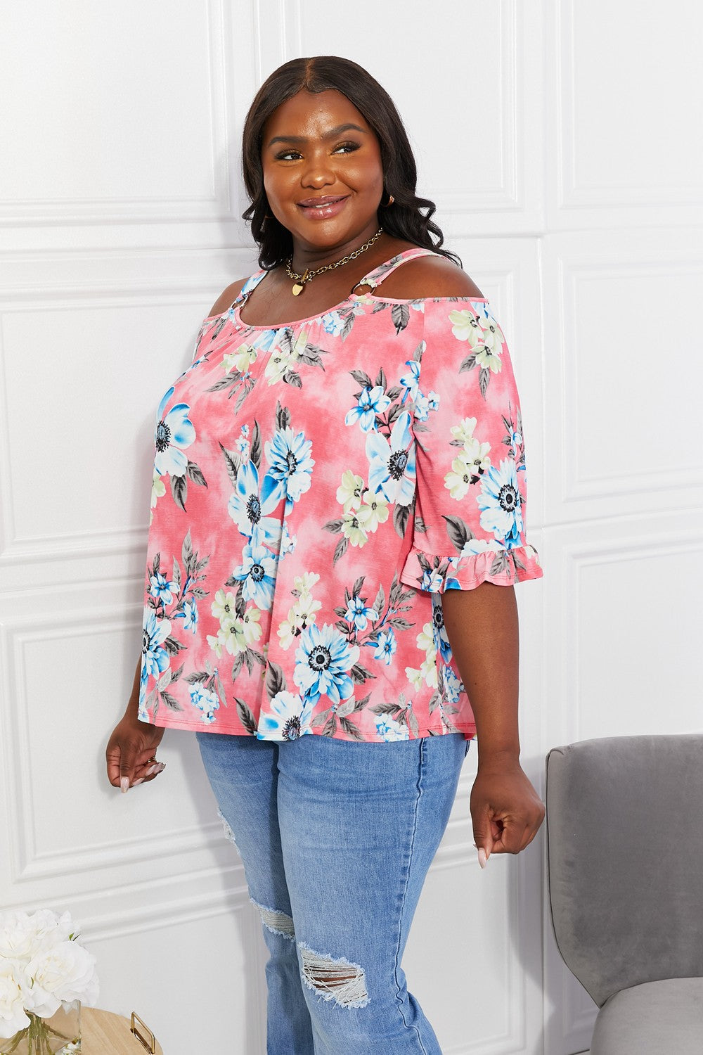 Sew In Love Full Size Fresh TakeFloral Cold-Shoulder Top