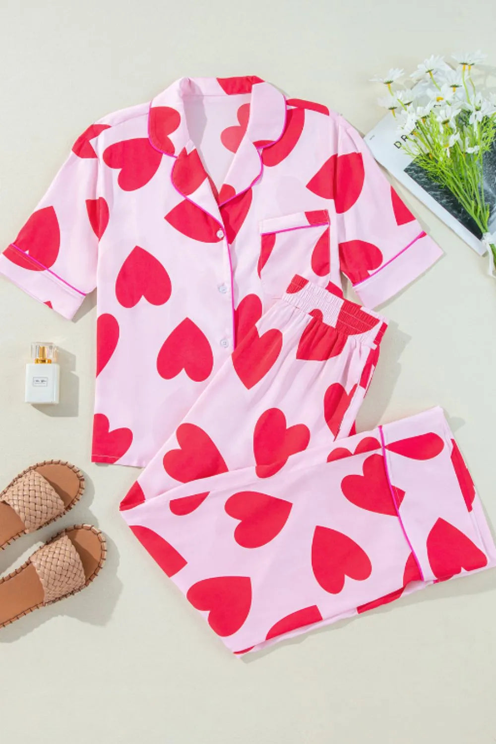 Heart Collared Neck Short Sleeve Top and Pants Lounge Set - Ladyez