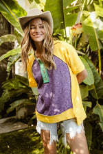 BiBi Mardi Gras Color Block Buttoned Uneven Hem Top
