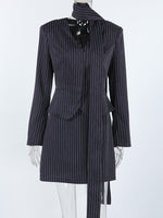 Striped Blazer & Mini Skirt Set with Neck Tie