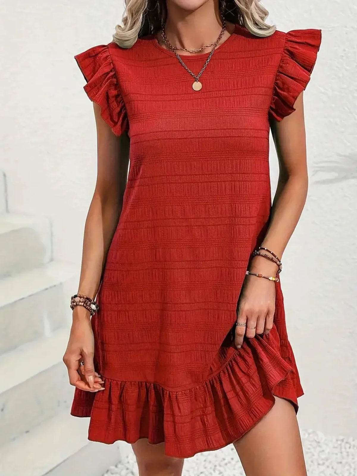 Full Size Ruffled Flutter Sleeve Textured Mini Dress Plus Size