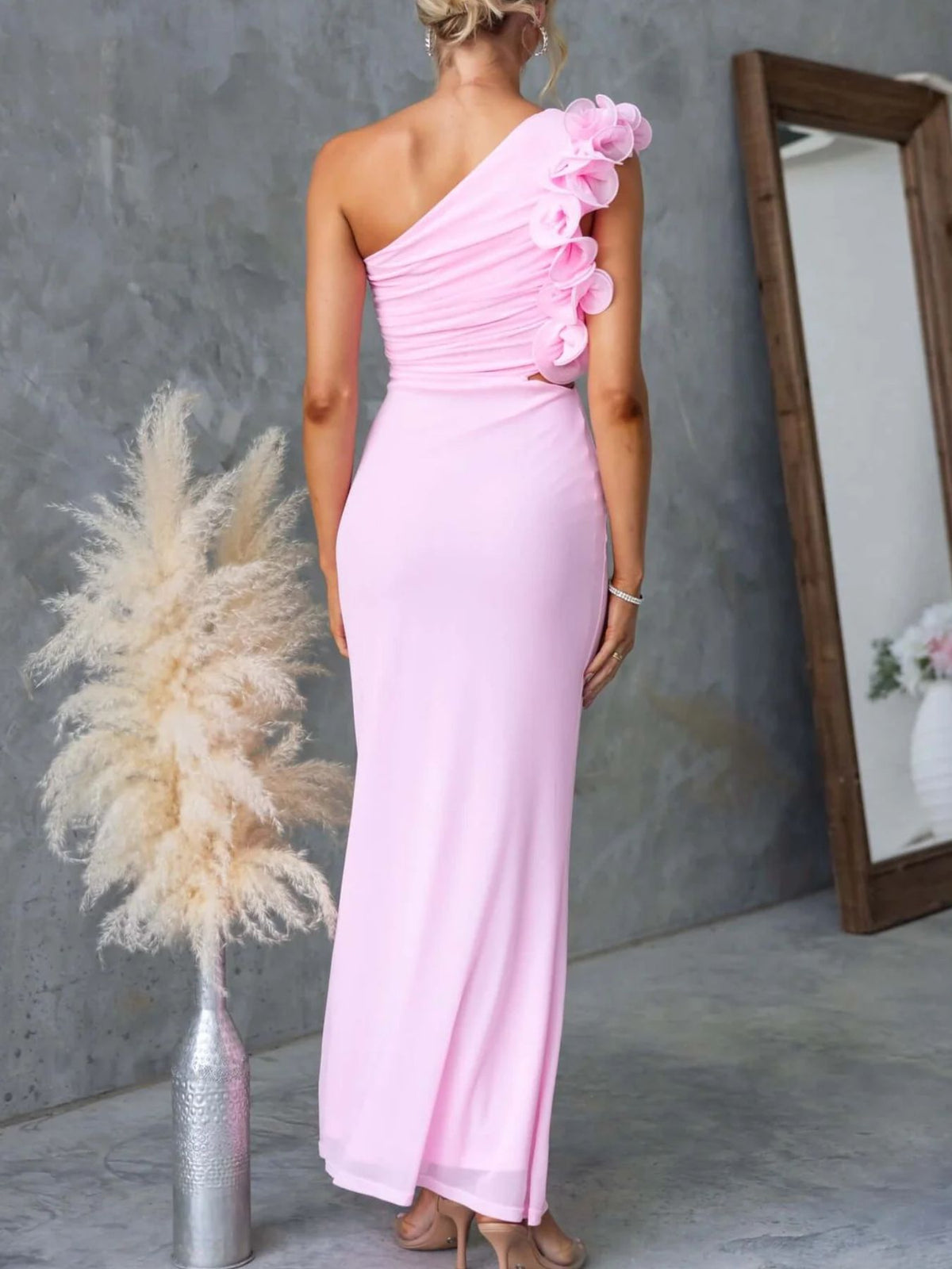 One-Shoulder Floral Trim Sleeveless Maxi Dress