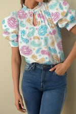 Multicolour Vibrant Paisley Printed Button Keyhole Puff Sleeve Blouse