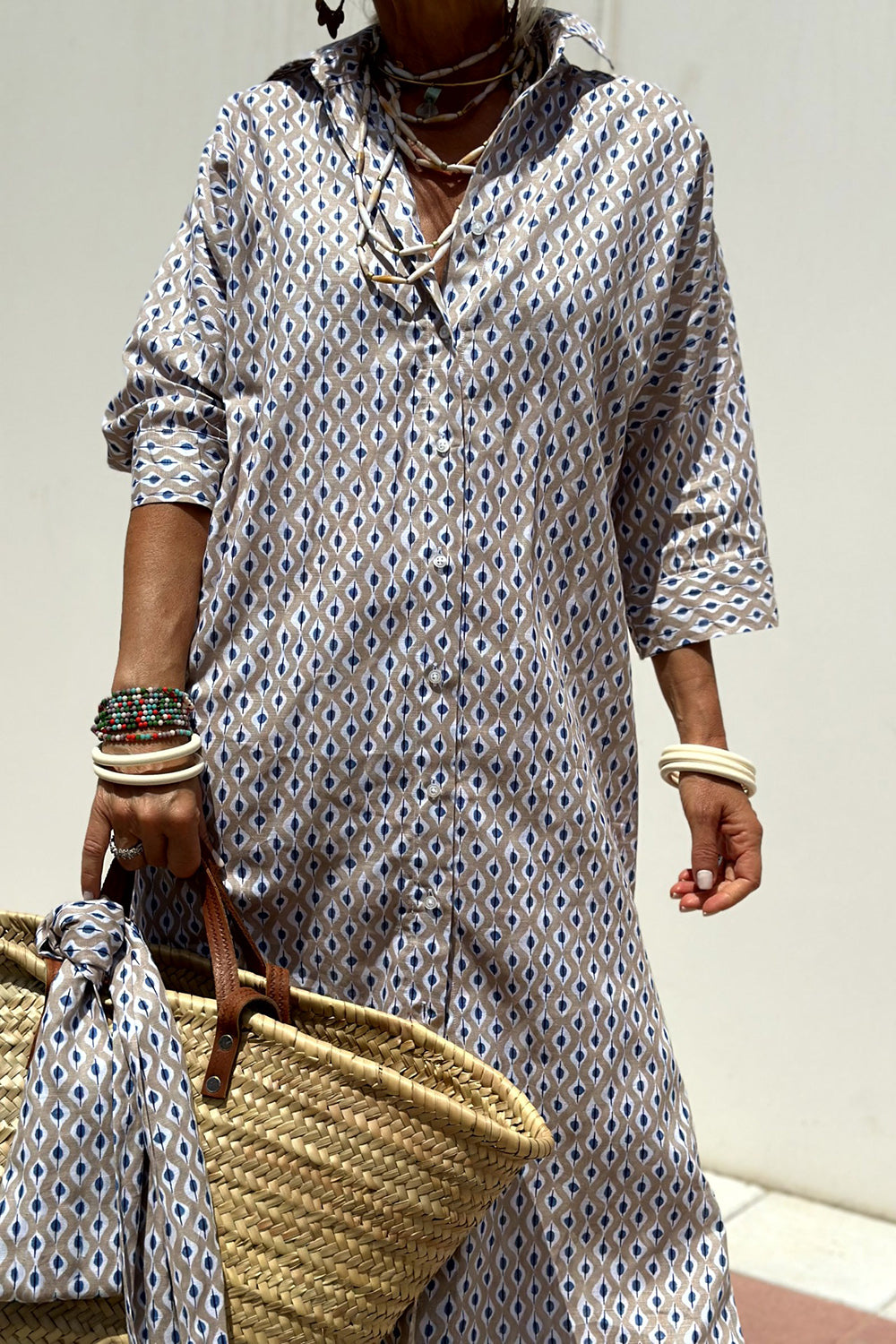 Tied Button Up Three-Quarter Sleeve Dress - Ladyez