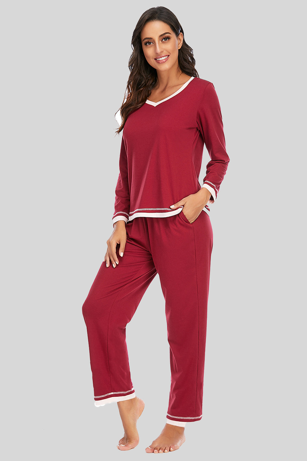 V-Neck Top and Pants Lounge Set - Ladyez