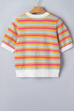 Abstract Striped Knit Short Sleeve Sweater