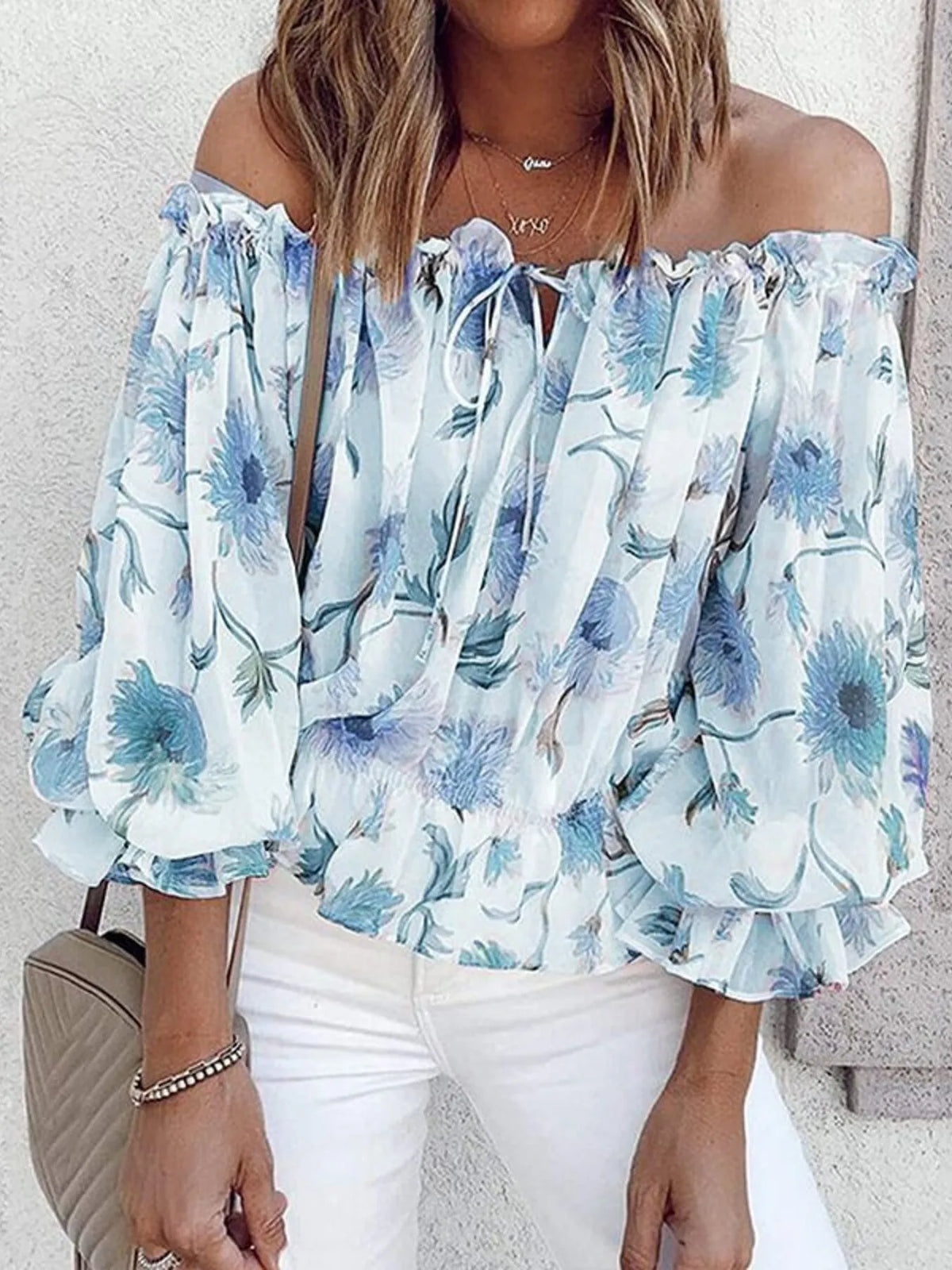 Off-Shoulder Floral Print Blouse - Ladyez