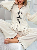 Contrast Trim Bow Tie Shirt and Pants Lounge Set - Ladyez