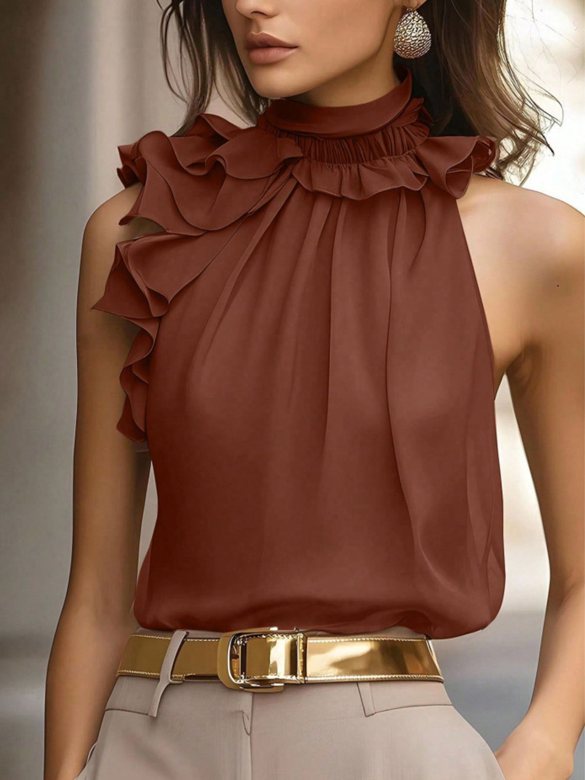 Ruffle High Neck Sleeveless Top