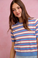 SO ME Stripe Knit Crew Neck Short Sleeves Sweater Top