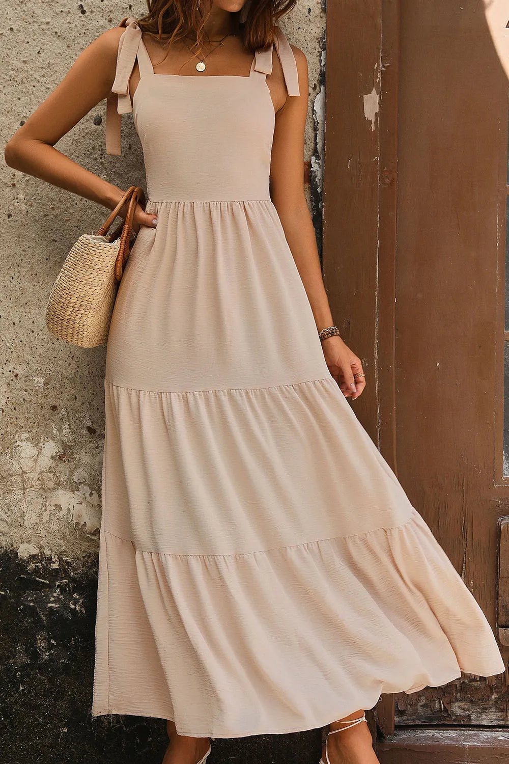 Perfee Tie Shoulder Smocked Tiered Dress - Ladyez