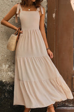 Perfee Tie Shoulder Smocked Tiered Dress - Ladyez