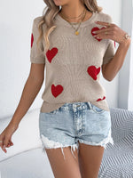 Heart Pattern Round Neck Short Sleeve Sweater