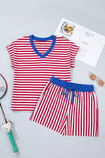 Stripe Colorblock Trim V Neck Tee Drawstring Elastic Waist Shorts Set