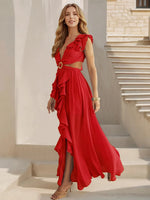 Cutout Ruffled Cap Sleeve Maxi Dress