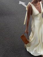 Satin Tie Shoulder Deep V-Neck Dress