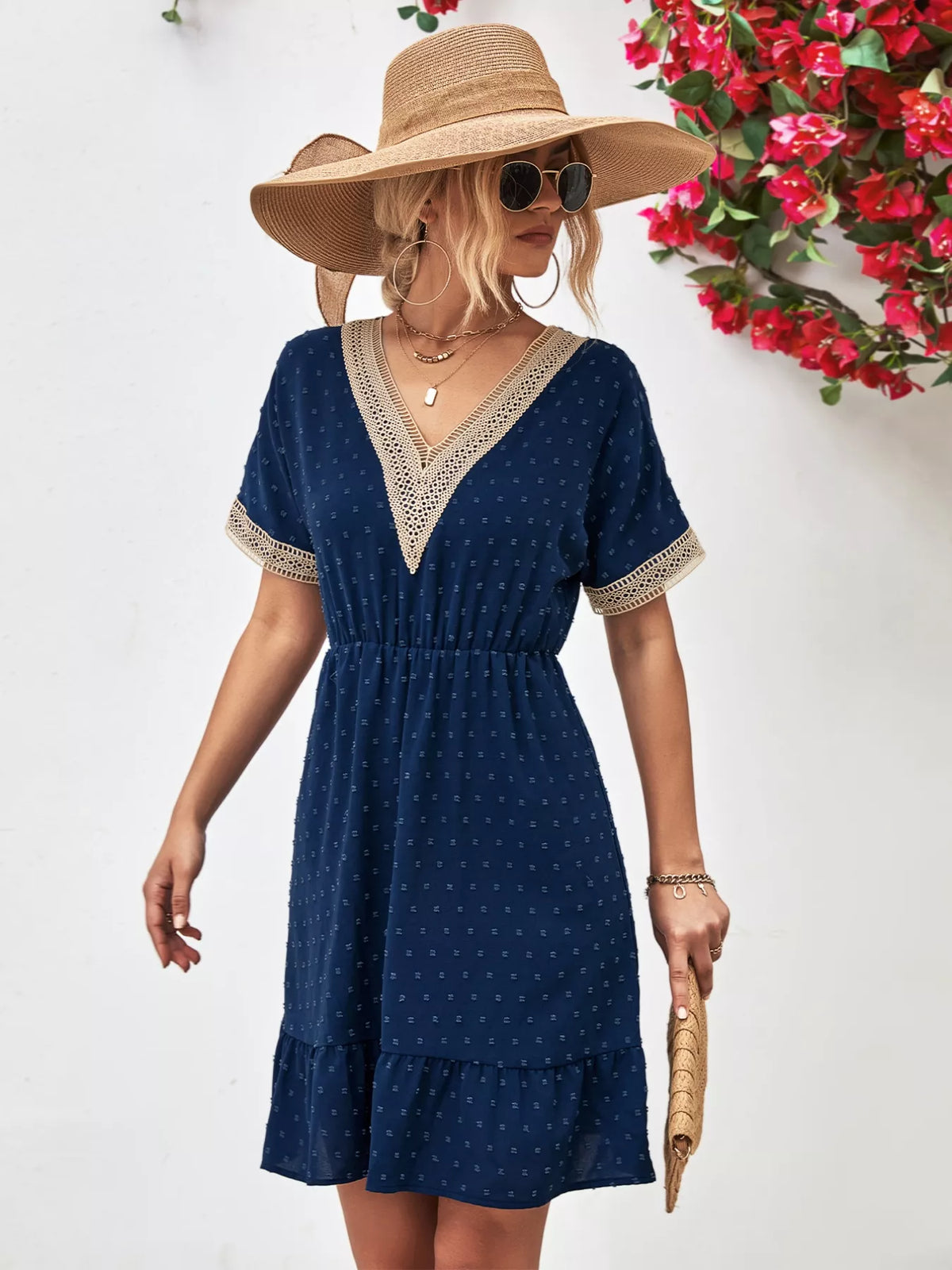V-Neck Swiss Dot Ruffle Hem Mini Dress