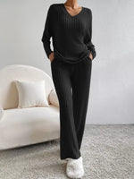 Ribbed Knit V-Neck Top and Pants Set