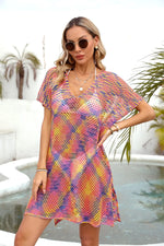 Angel Wings Openwork Contrast Short Sleeve Cover-Up - Ladyez