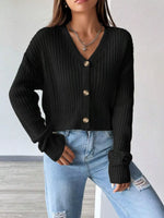 Ribbed Knit Button-Up Cropped Cardigan