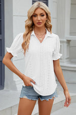 Eyelet Johnny Collar Short Sleeve Blouse