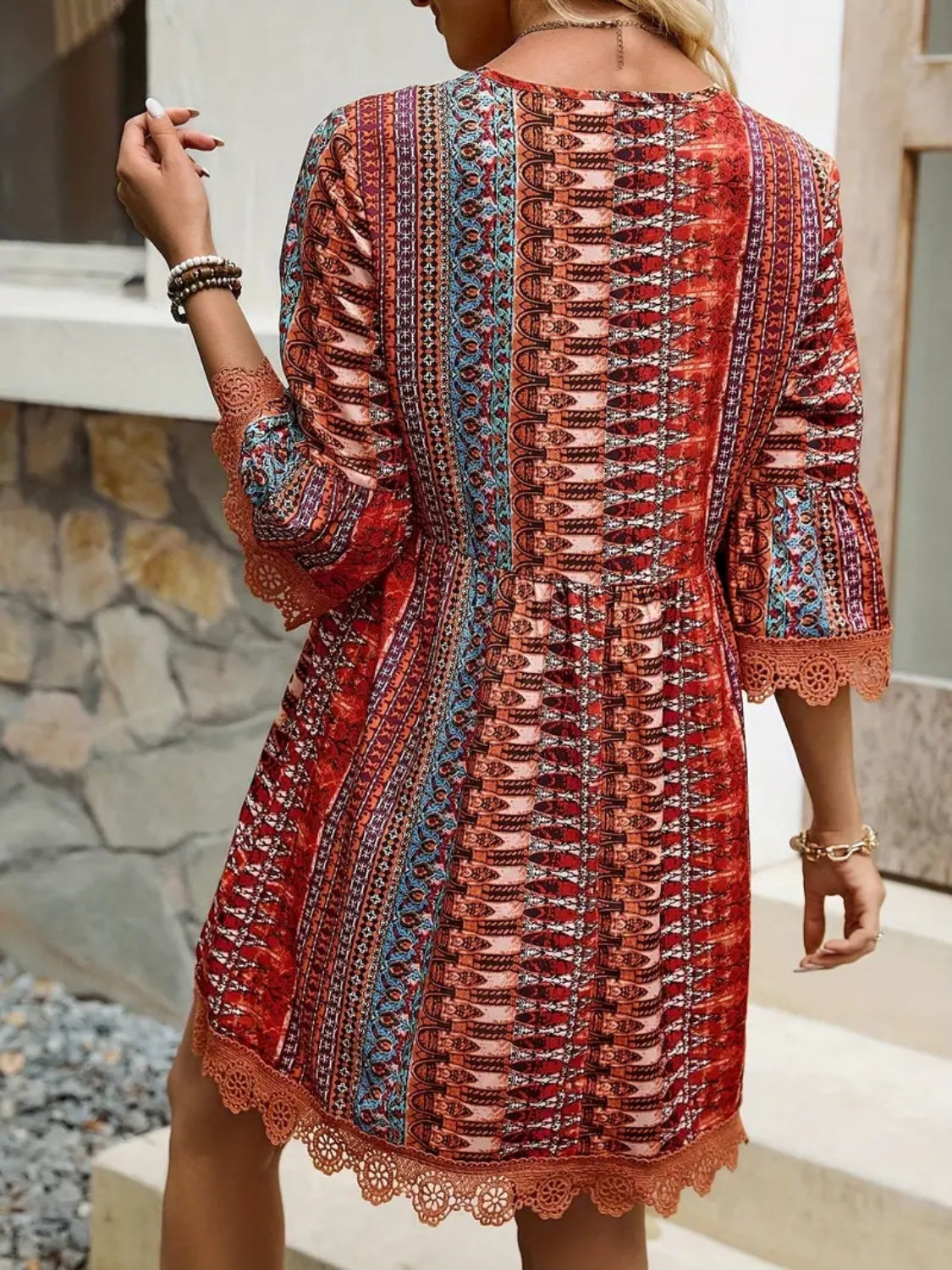 Lace Trim Printed V-Neck 3/4 Sleeve Dress - Ladyez