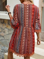 Lace Trim Printed V-Neck 3/4 Sleeve Dress - Ladyez