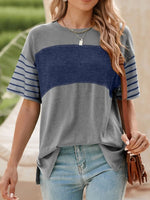 Color Block Striped Sleeve Casual T-Shirt - Ladyez