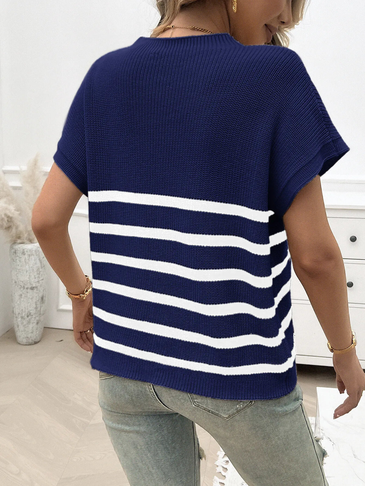 Striped Round Neck Short Sleeve Sweater