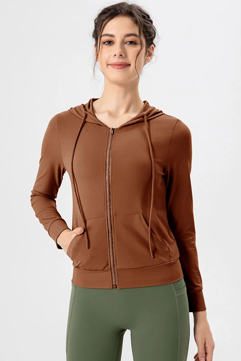 Drawstring Zip Up Hooded Active Outerwear - Ladyez