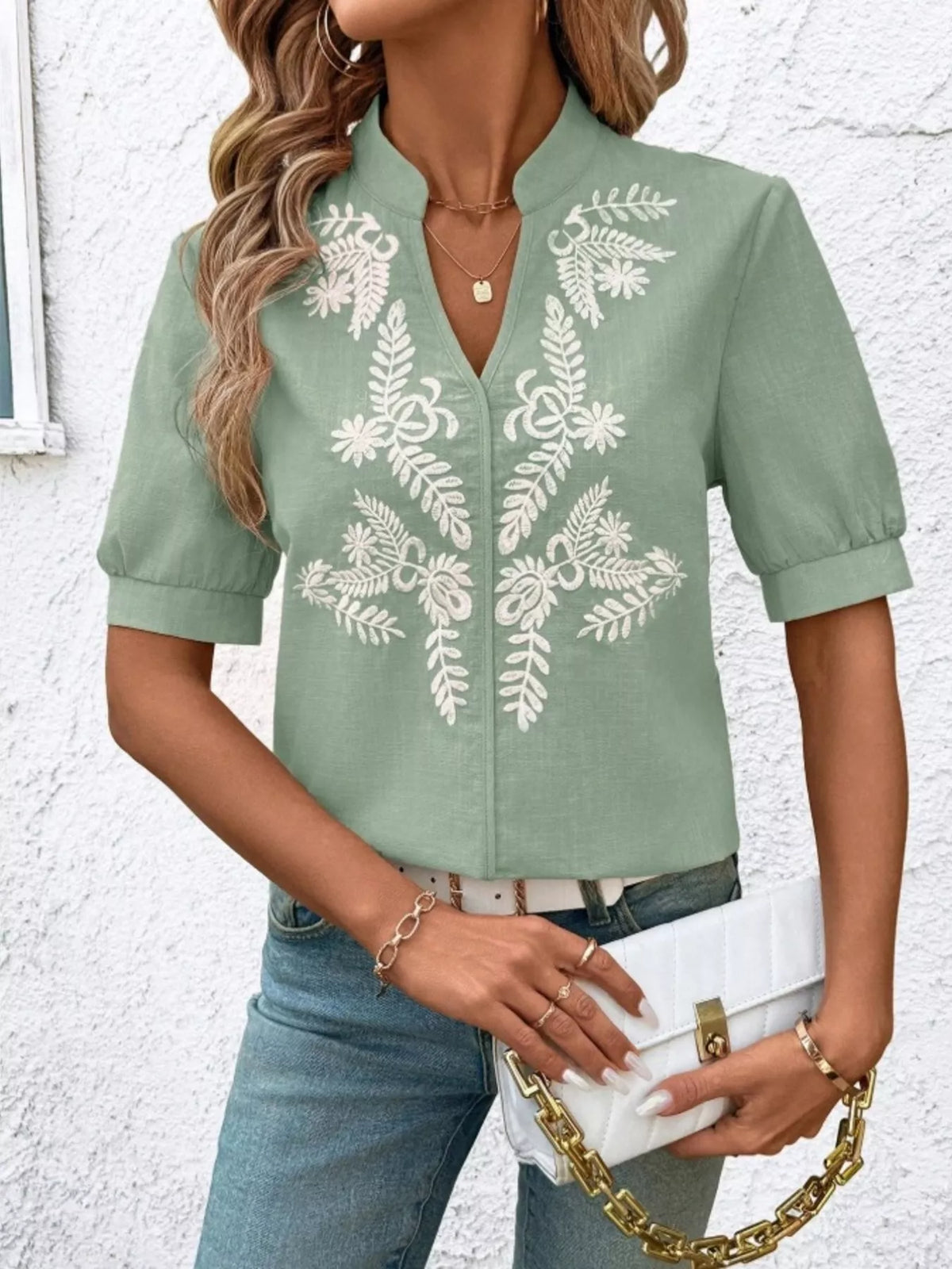 Embroidered Notched Short Sleeve Blouse