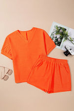 Textured V Neck T Shirt and Shorts Set
