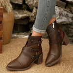 Point Toe Buckle Strap Ankle Boots with Block Heels