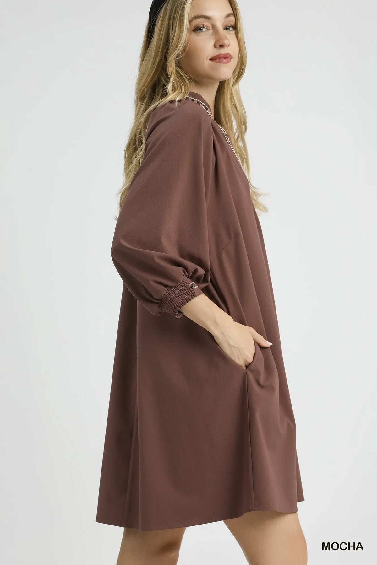 Umgee Notched Shift Dress with Trim Detail