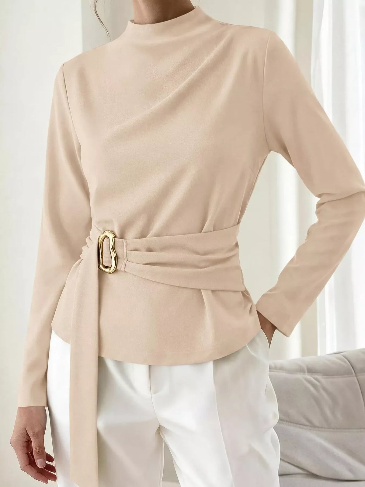Mock Neck Blouse with Waist-Defining Metal Buckle Detail