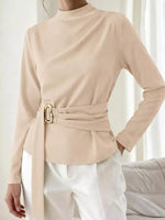 Mock Neck Blouse with Waist-Defining Metal Buckle Detail