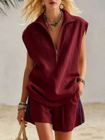 Full Size Zip Front Sleeveless Top and Striped Shorts Set Plus Size
