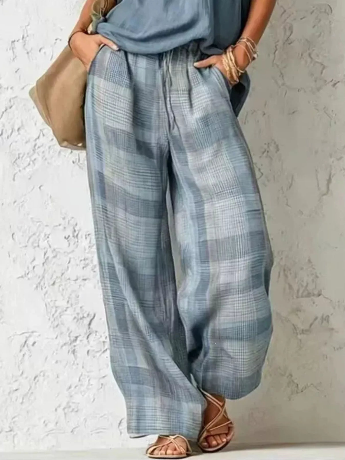 Full Size Sleeveless Cowl Neck Top and Plaid Wide-Leg Pant Two-Piece Set Plus Size