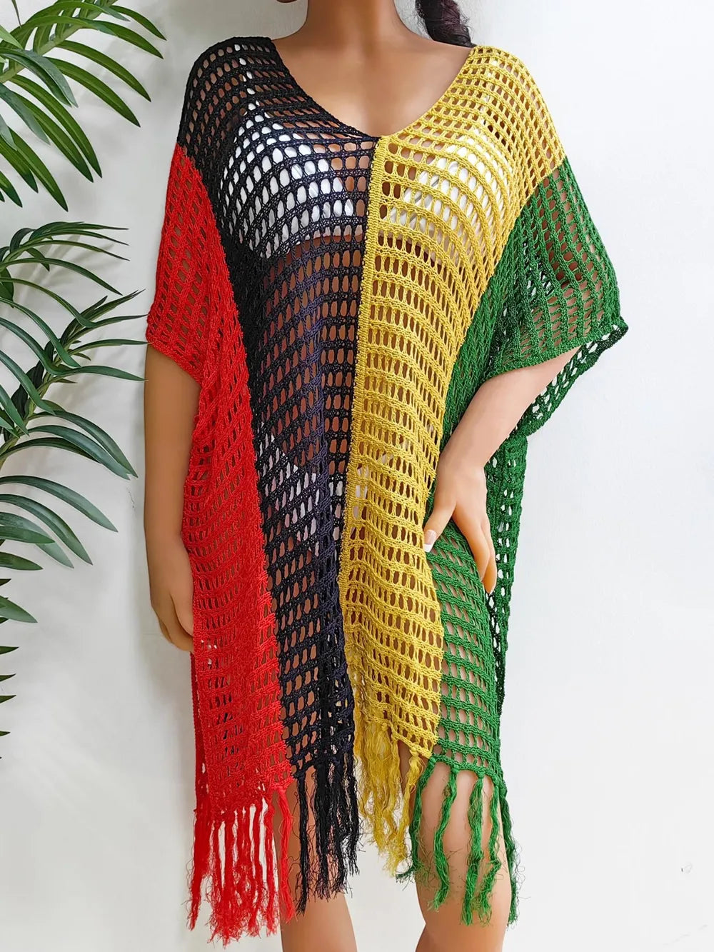 Fringe Color Block Scoop Neck Cover Up - Ladyez