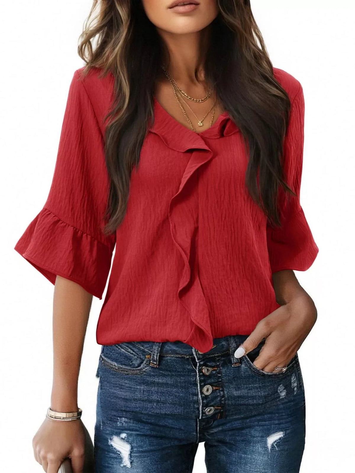 Ruffle Trim V-Neck Blouse