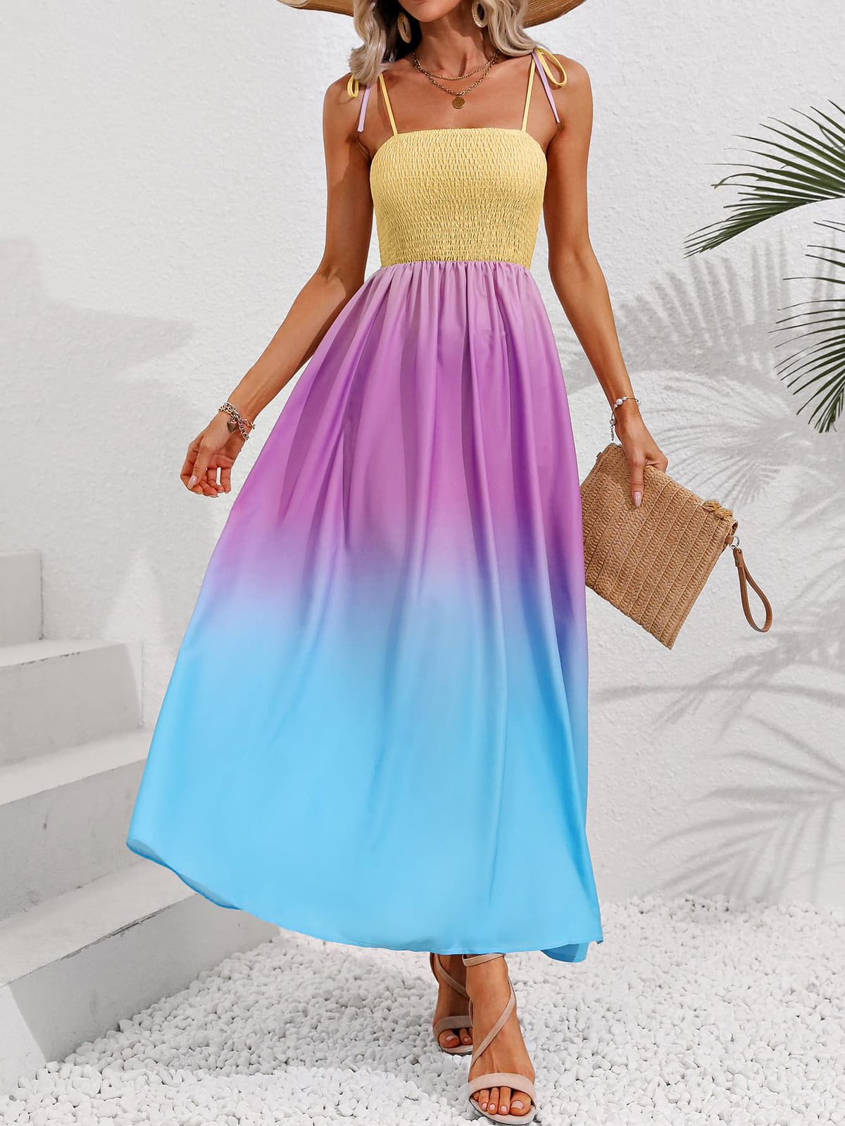 Honey Color Block Tie Shoulder Smocked Maxi Dress - Ladyez