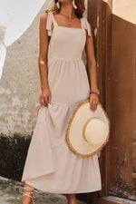 Perfee Tie Shoulder Smocked Tiered Dress - Ladyez