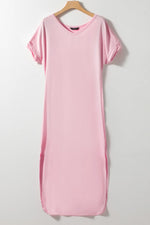 Slit Pocketed V-Neck Short Sleeve Dress - Ladyez