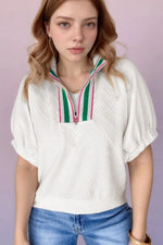 Contrast Striped Collar Patchwork Textured Half Sleeve Blouse