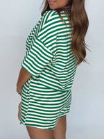 Stripe Boxy Tee and Drawstring Elastic Waist Shorts Set